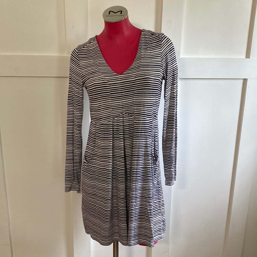 Joules Lizzie Blue White Stripe Long Sleeve Pocket Tunic Dress V Neck US 8 UK 12